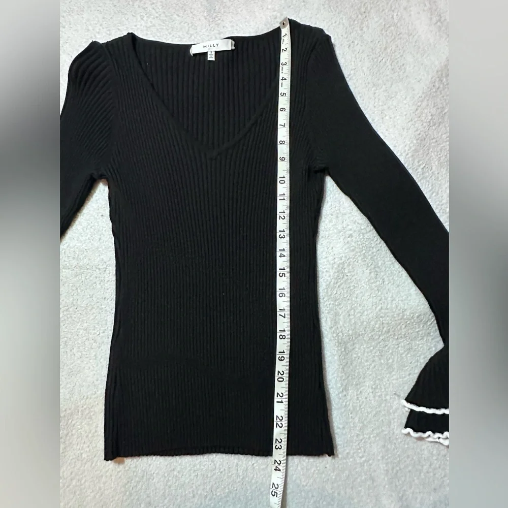 Milly | Ribbed Ruffle Bell Sleeve V-Neck Knit Top | Small - Picture 9 of 12